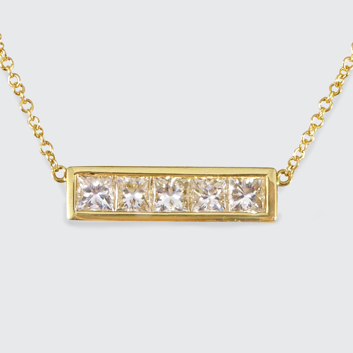 Princess Cut Diamond Bar Necklace in 18ct Yellow Gold - Wharfedale Antiques