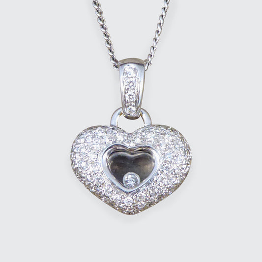 Diamond Set Heart Happy Diamonds Style Necklace in 18ct White Gold on White Gold Chain - Wharfedale Antiques
