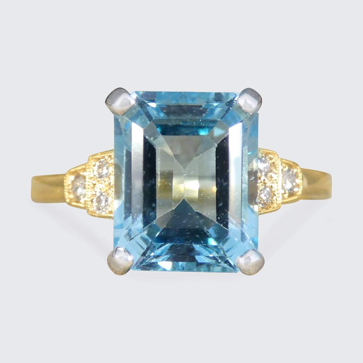 Art Deco Inspired 4.19ct Blue Topaz and Diamond Ring in White and Yellow Gold - Wharfedale Antiques