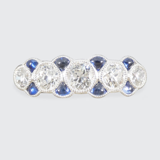 Five Stone Diamond Ring with Cabochon Cut Sapphire Spacers in Platinum