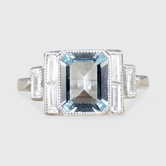 Art Deco Inspired Aquamarine and Diamond Ring in Platinum