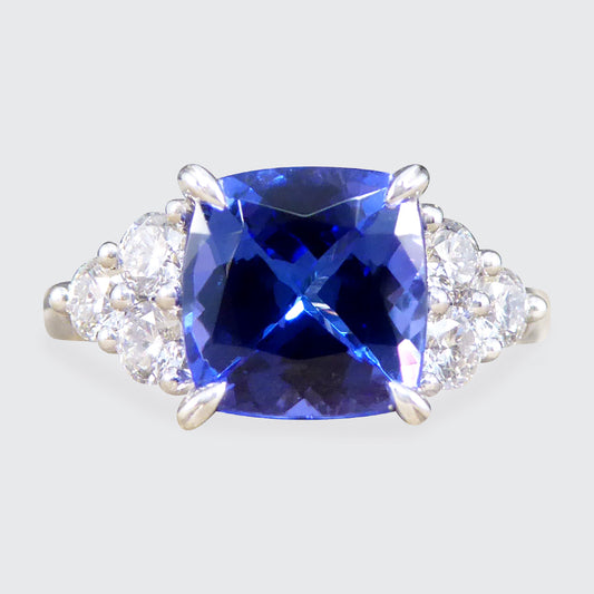 Vibrant 2.40ct Cushion Cut Tanzanite and Diamond Trio Set Shoulders in Platinum - Wharfedale Antiques