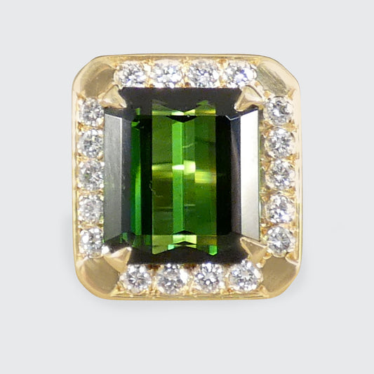 Bright and bold Green Tourmaline and Diamond Cluster ring in 18ct Yellow Gold