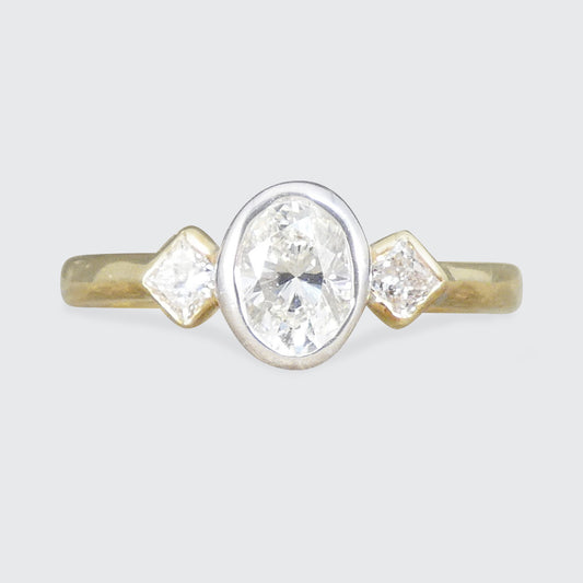 Oval and Princess Cut Diamond Three Stone Ring in 18ct White and Yellow Gold