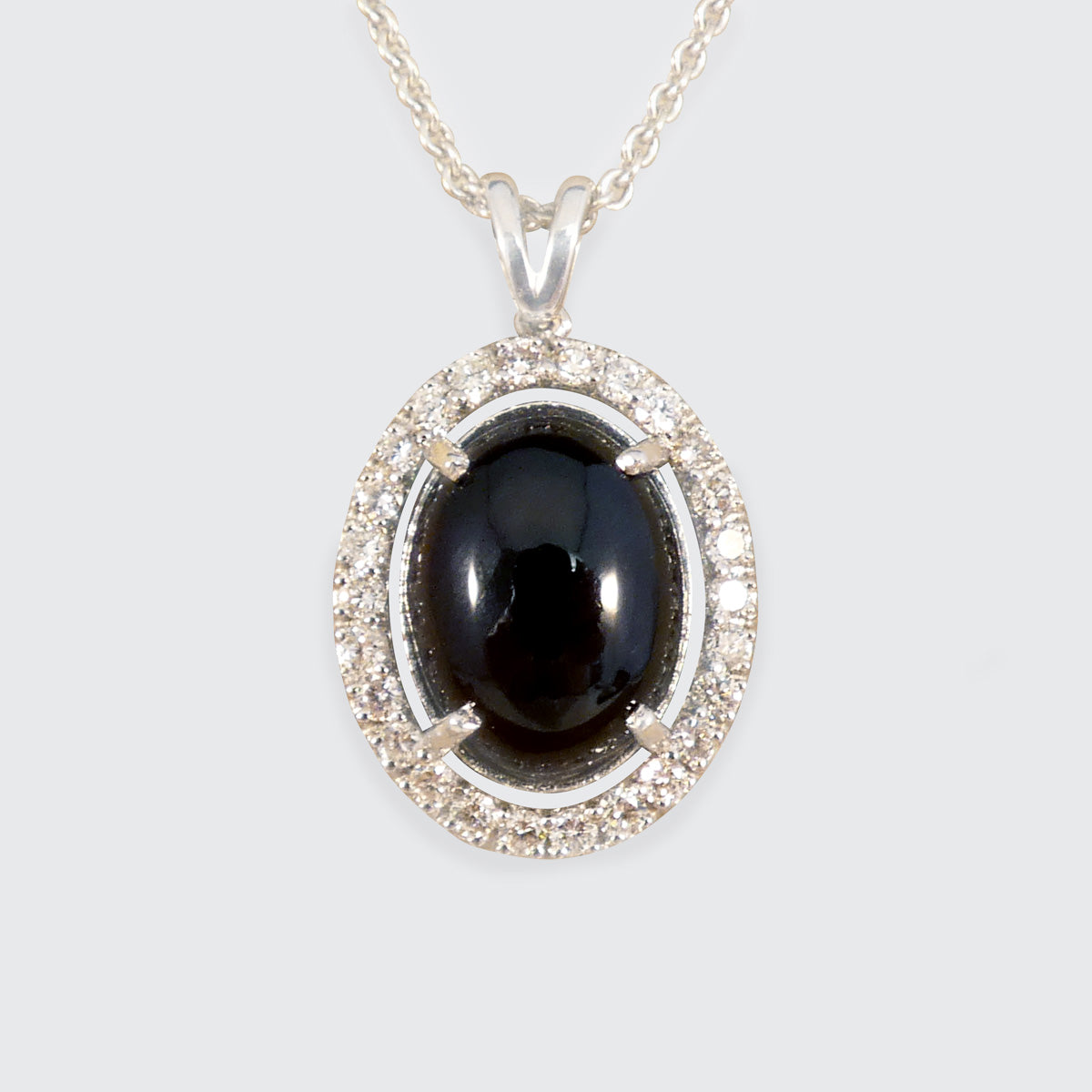 Cabochon Garnet and Diamond Halo Pendant Necklace in 18ct White Gold - Wharfedale Antiques