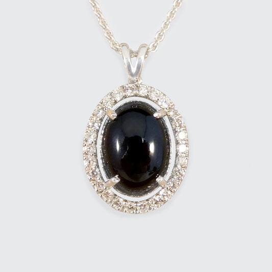 Cabochon Garnet and Diamond Halo Pendant Necklace in 18ct White Gold - Wharfedale Antiques
