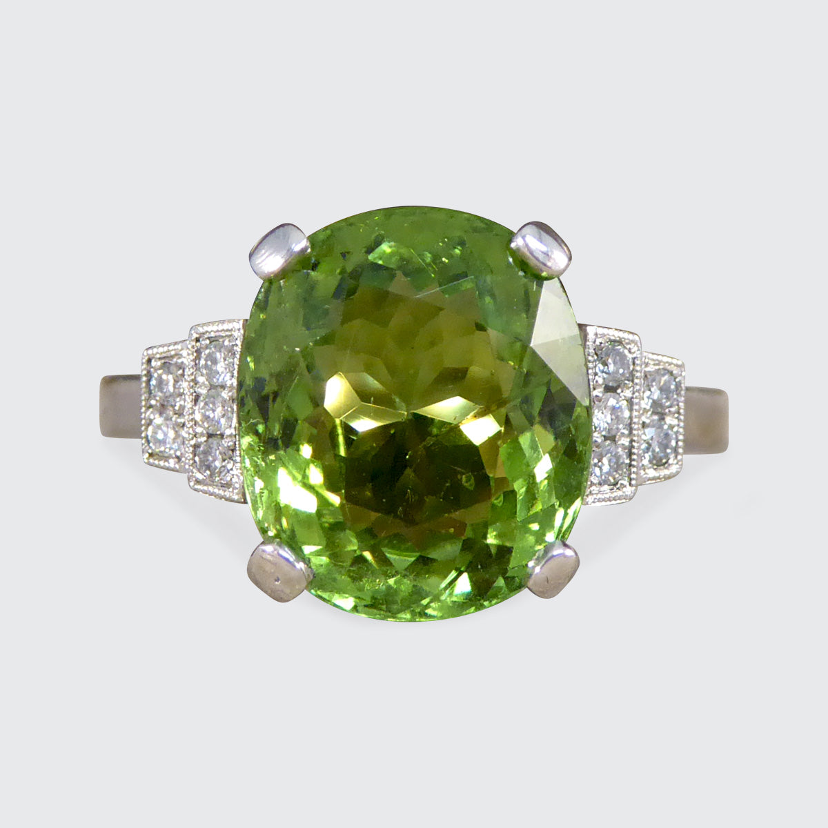 Green Tourmaline Ring with Diamond Staged Shoulders in Platinum - Wharfedale Antiques