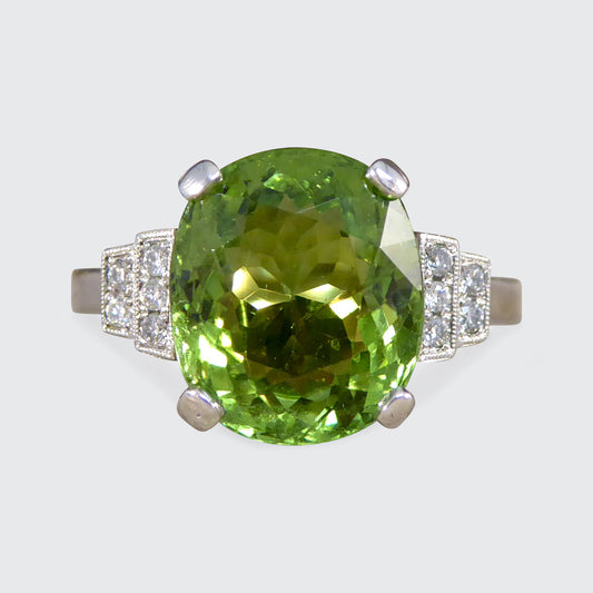 Green Tourmaline Ring with Diamond Staged Shoulders in Platinum