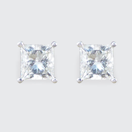 Princess Cut Diamond Stud Earrings Weighing 0.91ct in 18ct White Gold - Wharfedale Antiques
