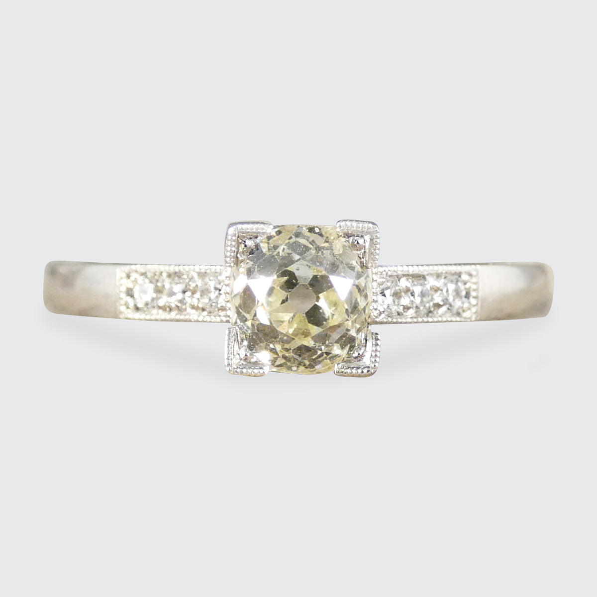 Champagne Old Cushion Cut Diamond Solitaire with Diamond set Shoulders in Platinum - Wharfedale Antiques