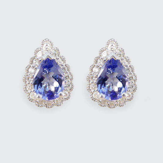 Pear Cut Tanzanite and Diamond Cluster Earrings in White Gold - Wharfedale Antiques