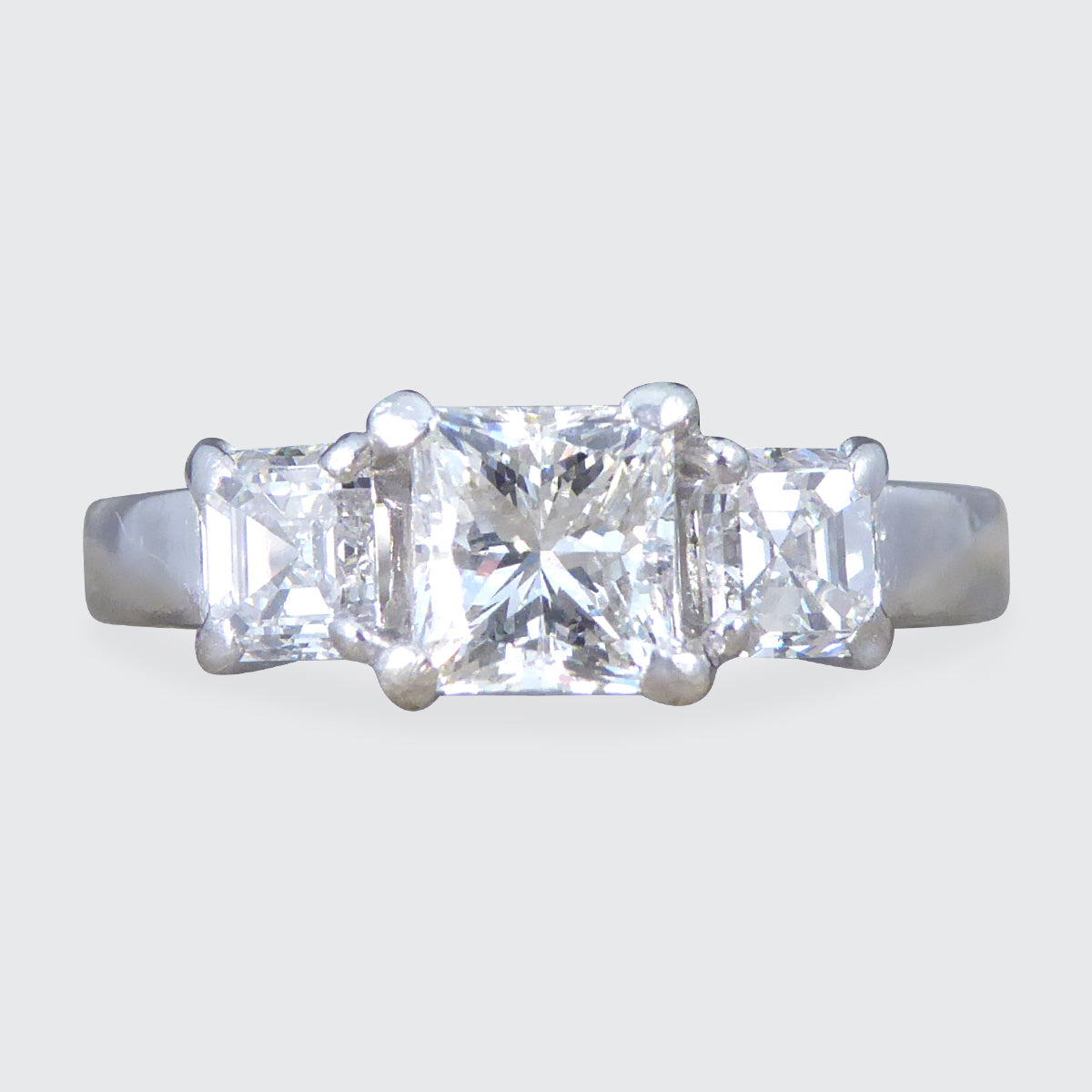 1.47ct Princess Cut and Asscher Cut Diamond Three Stone Ring in Platinum - Wharfedale Antiques