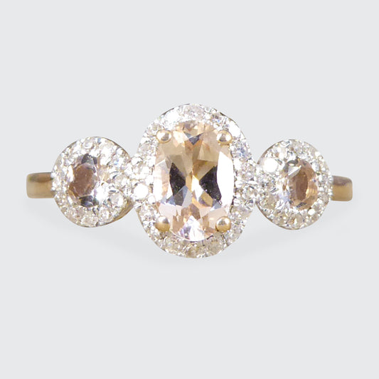 Morganite and Diamond Triple Cluster Ring in Rose Gold - Wharfedale Antiques