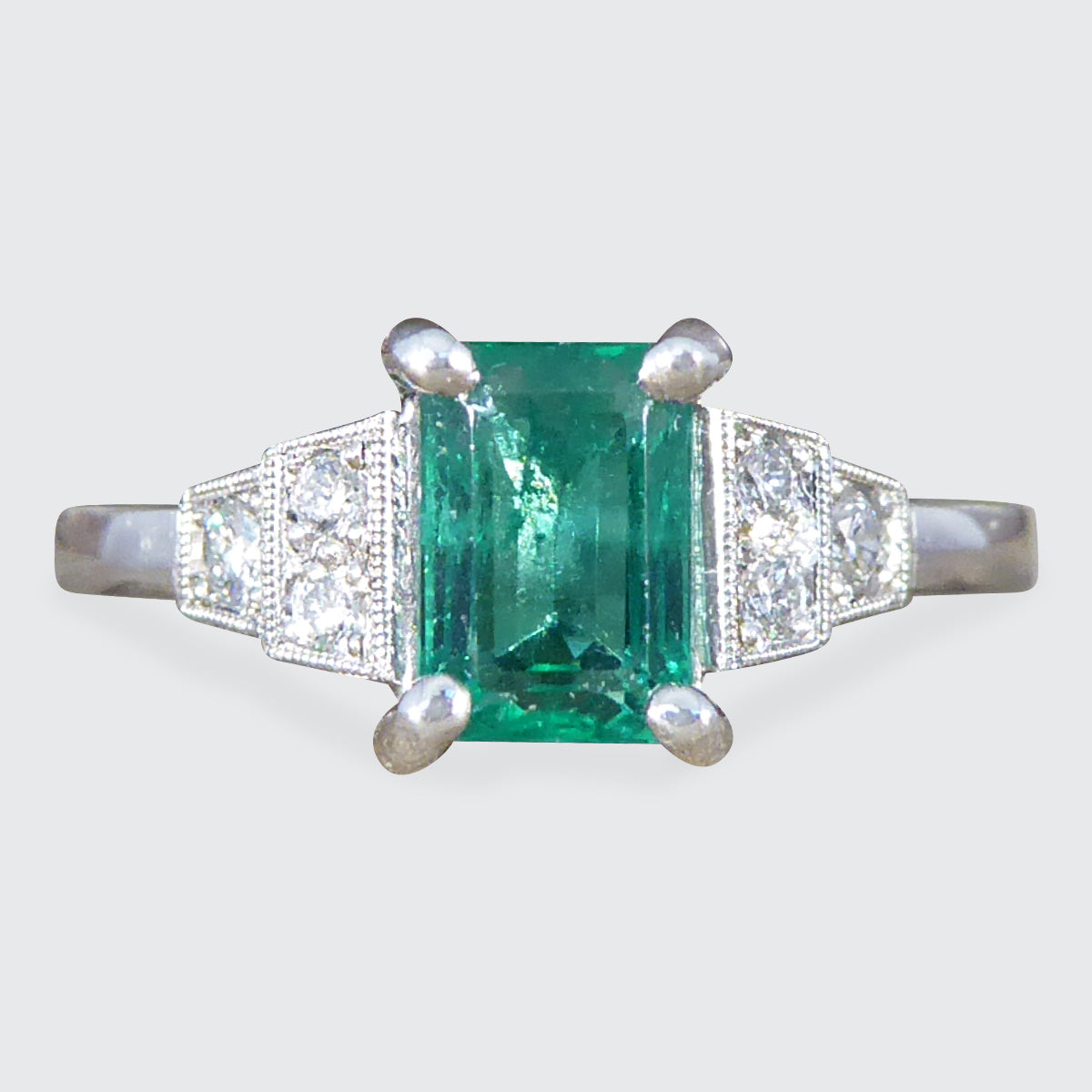 Art Deco Replica Emerald and Diamond Staged Shoulder Ring in Platinum - Wharfedale Antiques