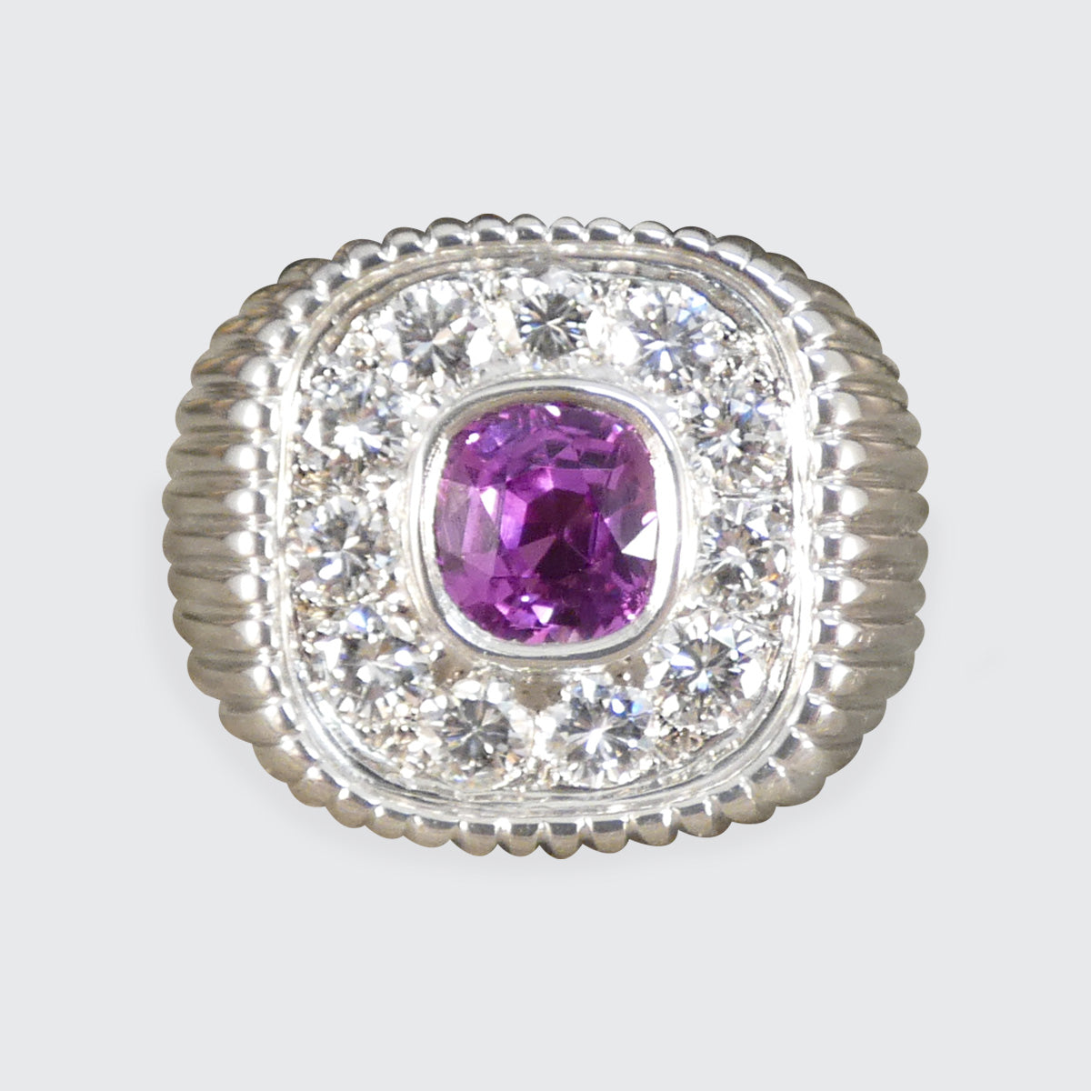 Chunky French Signet Ring with a Pink Sapphire and Diamond Cluster in Platinum - Wharfedale Antiques
