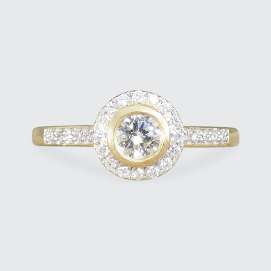 Diamond Halo Cluster Wedfit Engagement Ring in 18ct Yellow Gold
