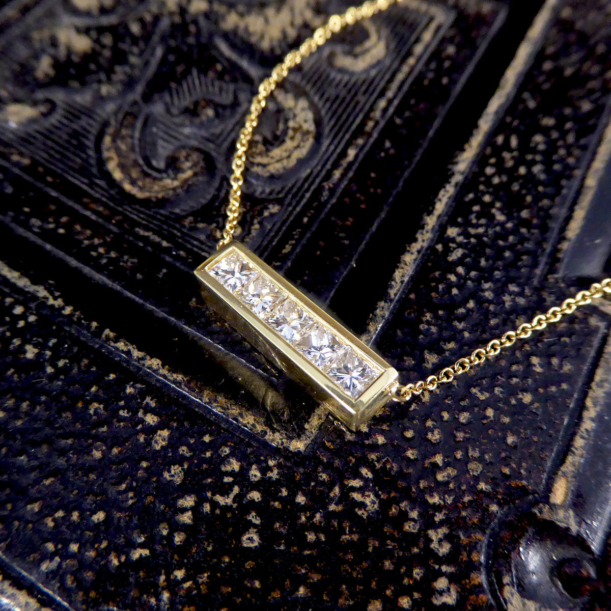 Princess Cut Diamond Bar Necklace in 18ct Yellow Gold - Wharfedale Antiques