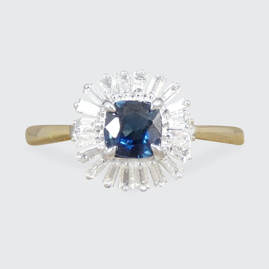 Sapphire and Tapered Baguette Cut Diamond Flower Cluster in 18ct Yellow and White Gold.