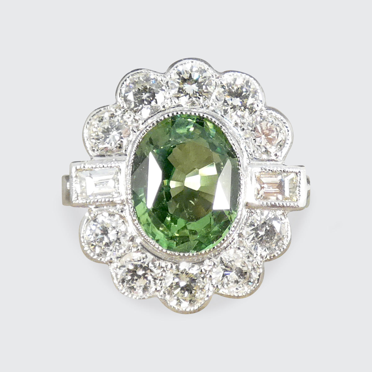 Edwardian Style 2.51ct Green Garnet and 1.20ct Diamond Cluster Ring in Platinum - Wharfedale Antiques