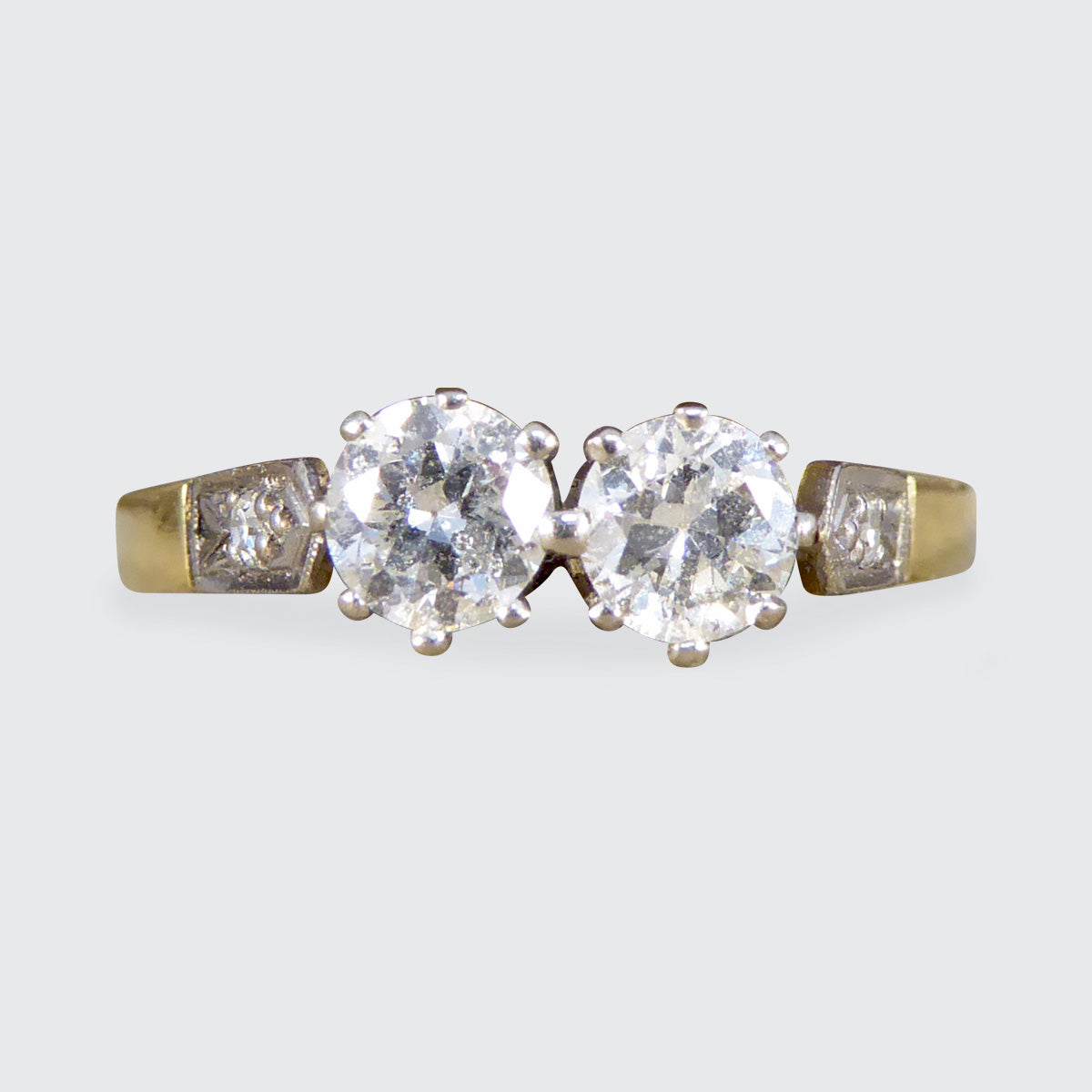 Vintage and Unusual Old Cut Diamond Two Stone Ring in 18ct Gold - Wharfedale Antiques