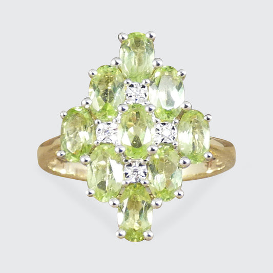 Peridot and Diamond Cluster Cocktail Dress Ring in Yellow Gold