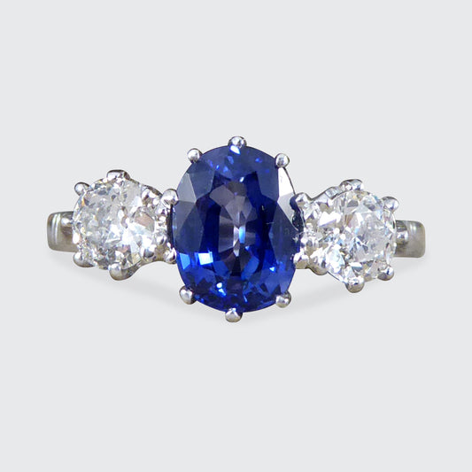 1.50ct Sapphire and 0.55ct Diamond Three Stone Ring in Platinum - Wharfedale Antiques
