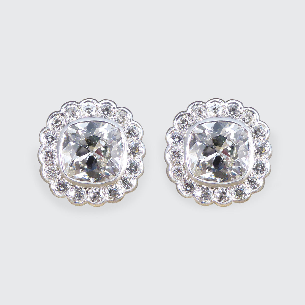 1940's Old Cushion Cut Daisy Cluster Stud Earrings in Platinum