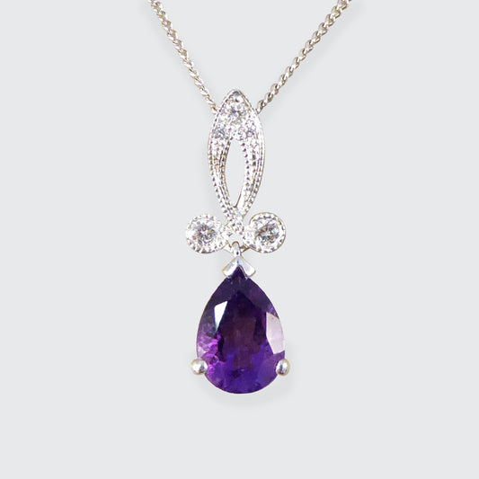 Art Deco Inspired Pear Shaped Amethyst Drop Necklace with Diamonds set in 18ct White Gold - Wharfedale Antiques