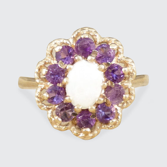 Vintage Opal and Amethyst Cluster Ring in 9ct Yellow Gold with Gold Rope Edge Detail.