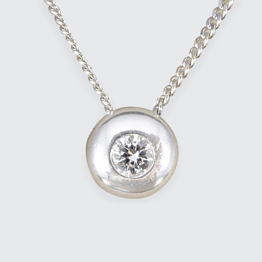 Diamond Circular Pendant Necklace with Rub Over Collar Setting in 18ct White Gold - Wharfedale Antiques