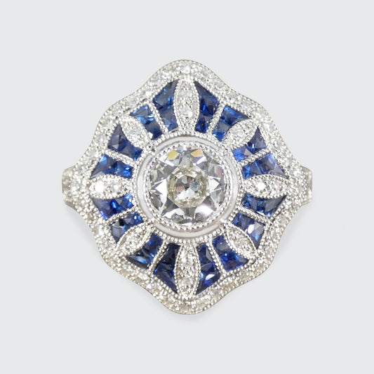 Art Deco Inspired Diamond and Sapphire Cluster Ring in Platinum
