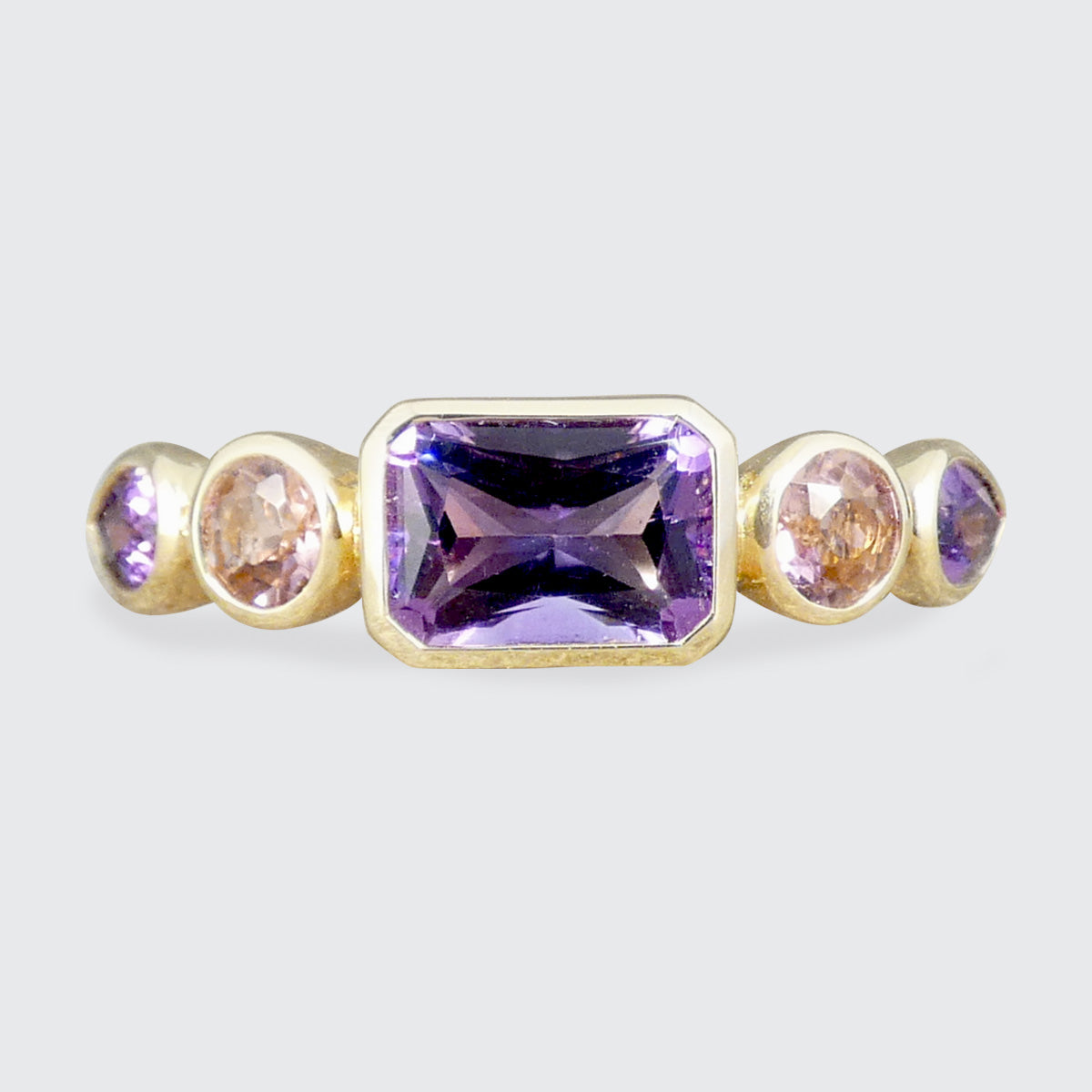 Amethyst and Pink Tourmaline Five Stone Ring in Yellow Gold