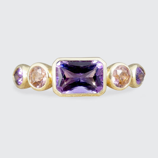 Amethyst and Pink Tourmaline Five Stone Ring in Yellow Gold