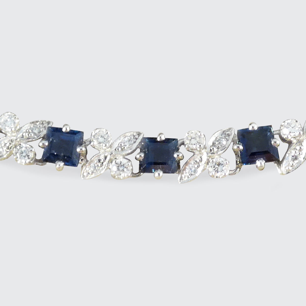 Vintage Square Cut Sapphire and Diamond Line Bracelet in 18ct White Gold C1990 - Wharfedale Antiques