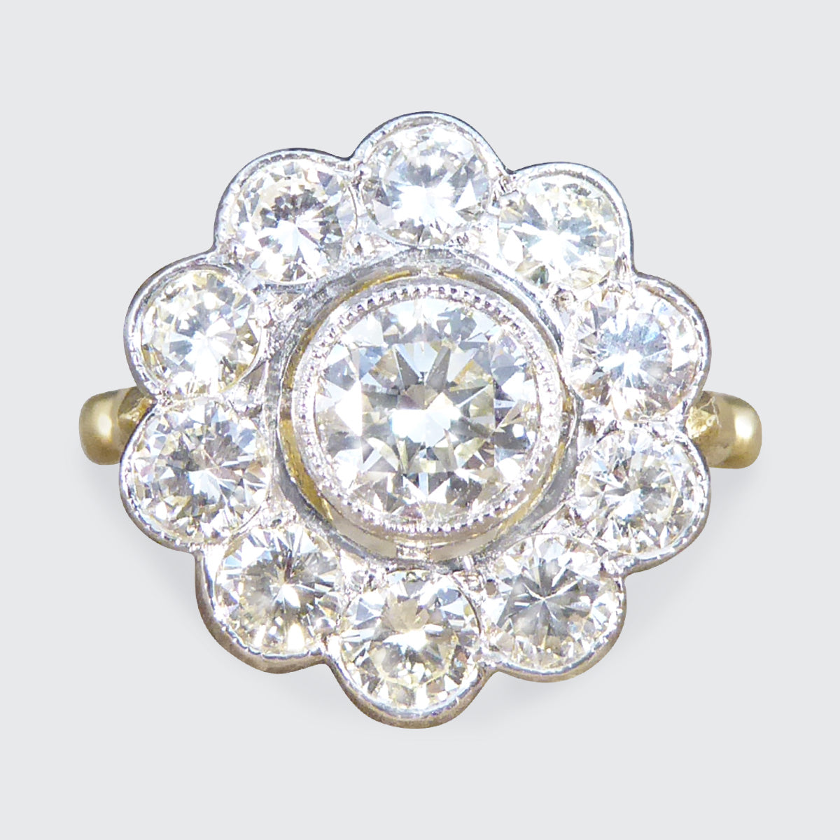 1.85ct Diamond Daisy Halo Cluster Ring set in 18ct Yellow Gold and Platinum - Wharfedale Antiques