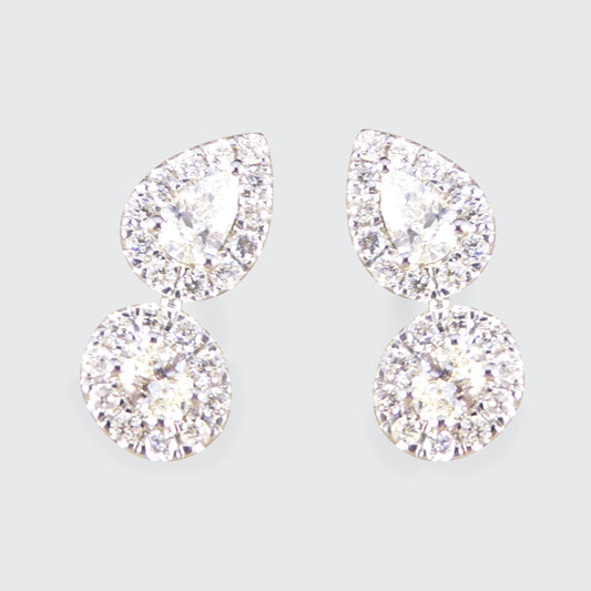 Diamond Pear and Oval Double Cluster Stud Earrings in 18ct White Gold - Wharfedale Antiques