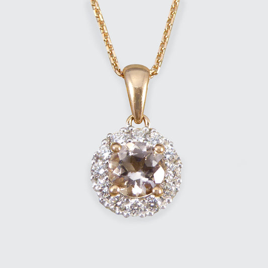 Morganite and Diamond Cluster Pendant Necklace in Rose Gold - Wharfedale Antiques