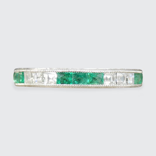Art Deco Inspired Emerald and Diamond Full Eternity Ring in Platinum.