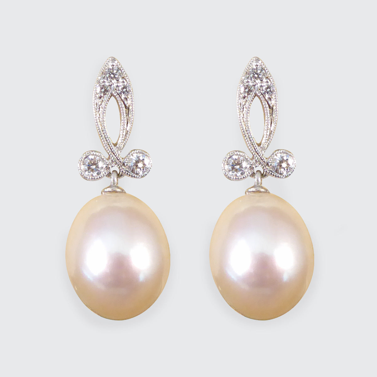 Fresh Water Cultured Pearl and Diamond Drop Earrings in 18ct White Gold - Wharfedale Antiques