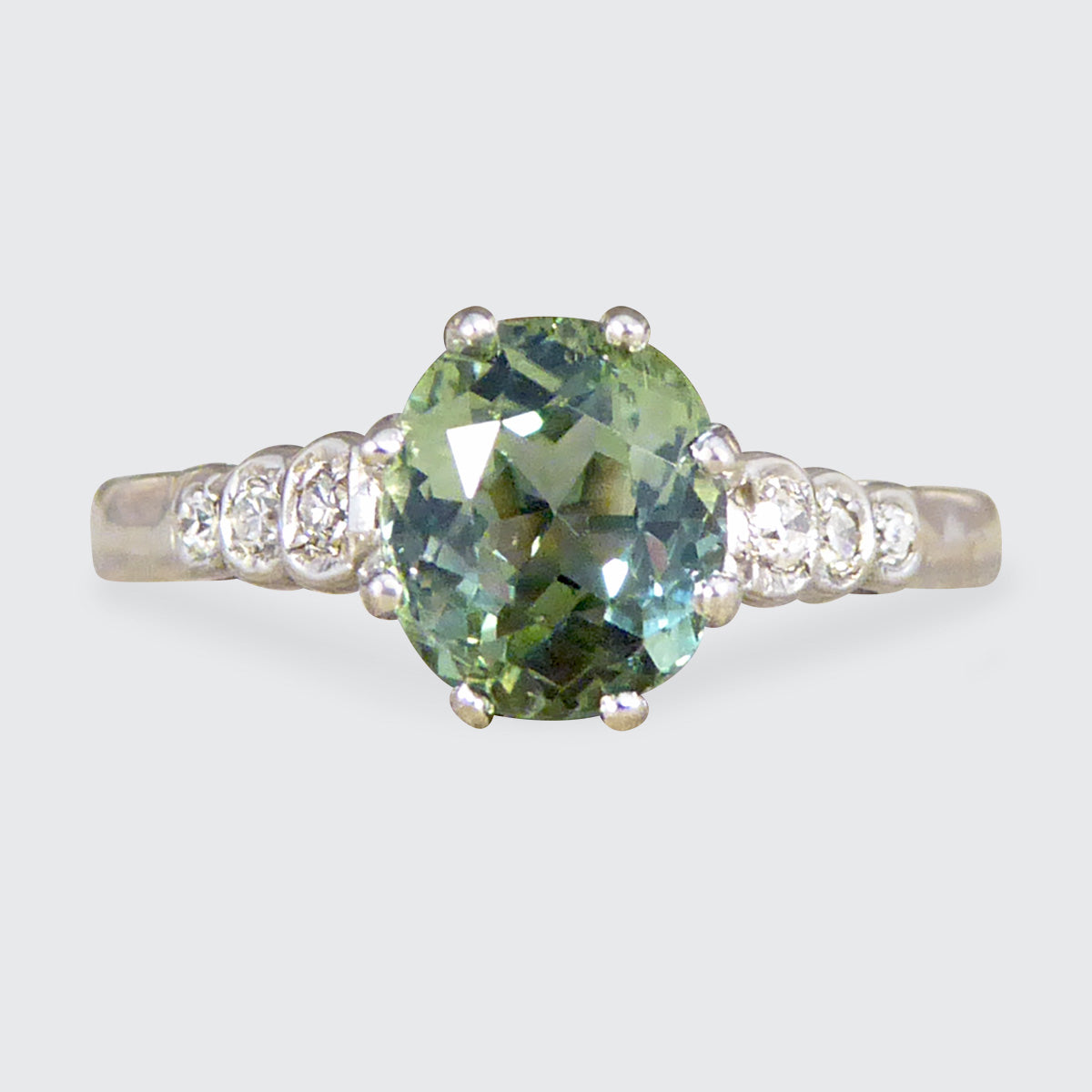Enchanting Green Tourmaline Ring with Diamond Shoulders in 18ct White Gold - Wharfedale Antiques