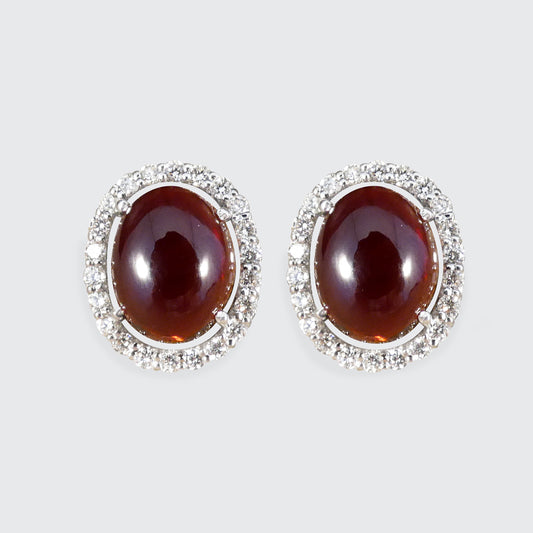 Cabochon Garnet and Diamond Halo Stud Earrings in 18ct White Gold - Wharfedale Antiques