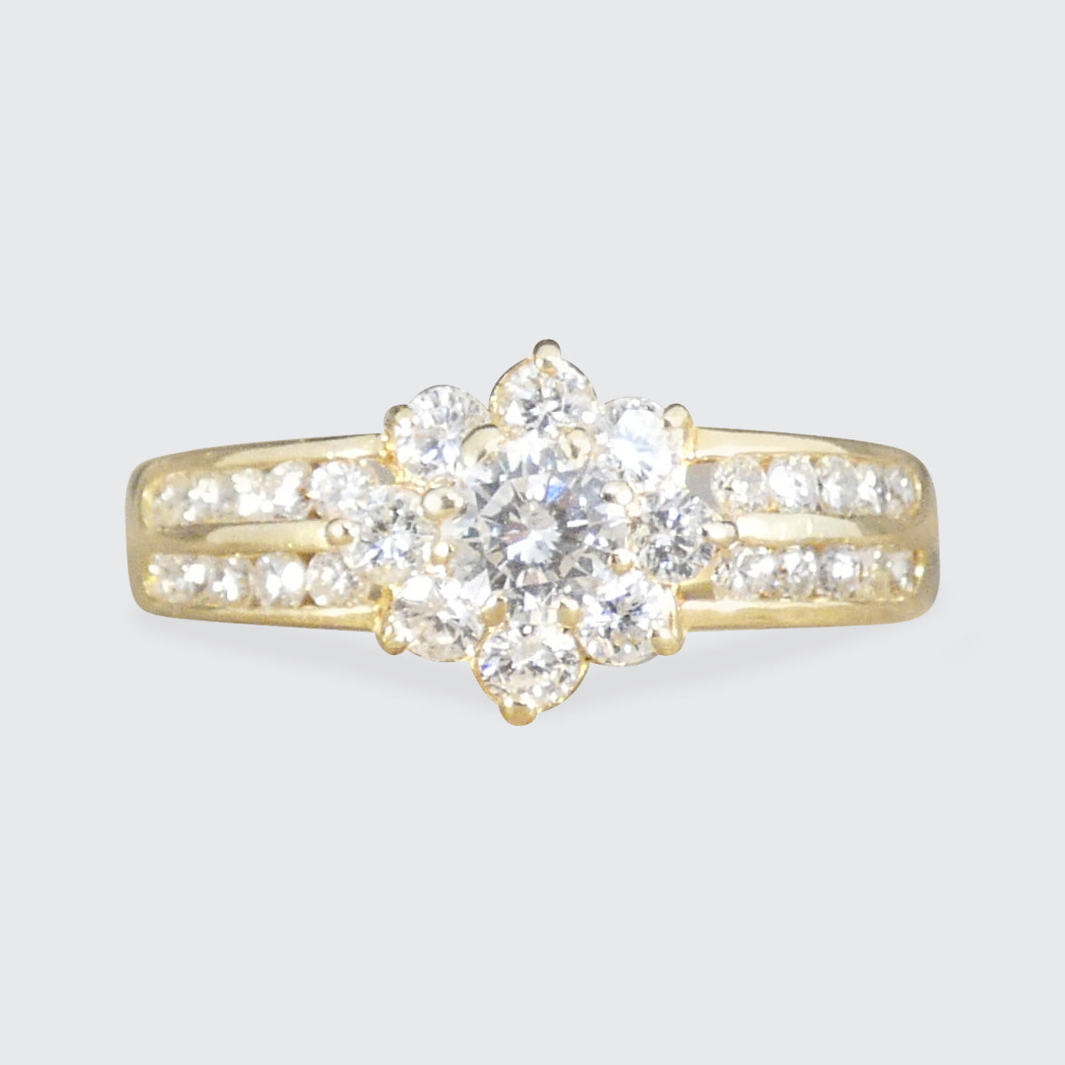Vintage Diamond Flower Cluster Ring with Diamond Set Shoulders in 18ct Yellow Gold