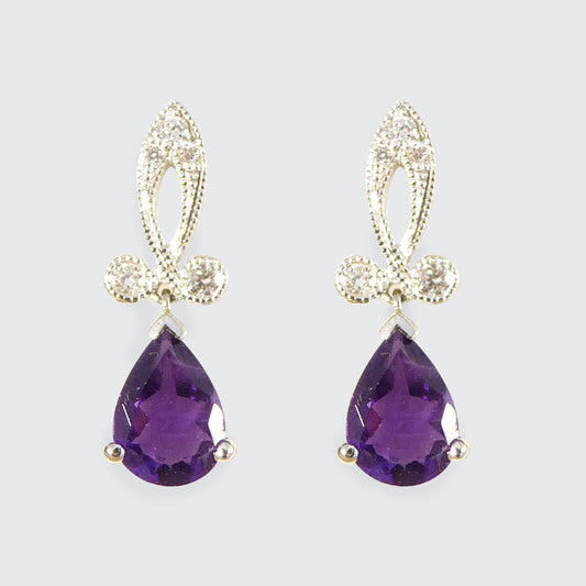 Art Deco Inspired Pear Shaped Amethyst Drop Earrings with Diamonds set in 18ct White Gold