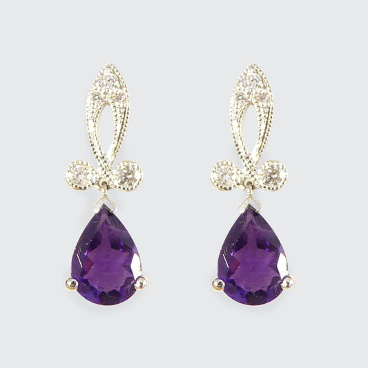 Art Deco Inspired Pear Shaped Amethyst Drop Earrings with Diamonds set in 18ct White Gold - Wharfedale Antiques