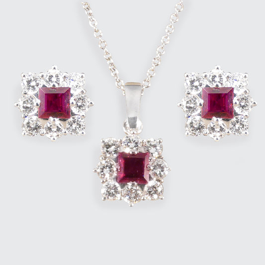 Vintage Ruby and Diamond Cluster Earrings and Necklace Set in 18ct White Gold - Wharfedale Antiques
