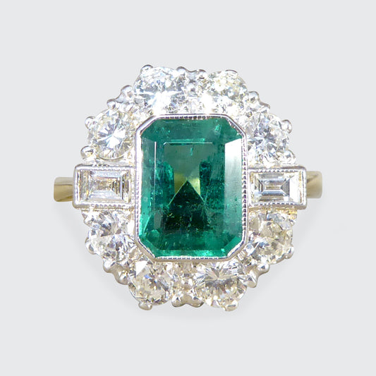 Edwardian Style 1.30ct Emerald and 1.20ct Diamond Cluster Ring in 18ct Gold - Wharfedale Antiques