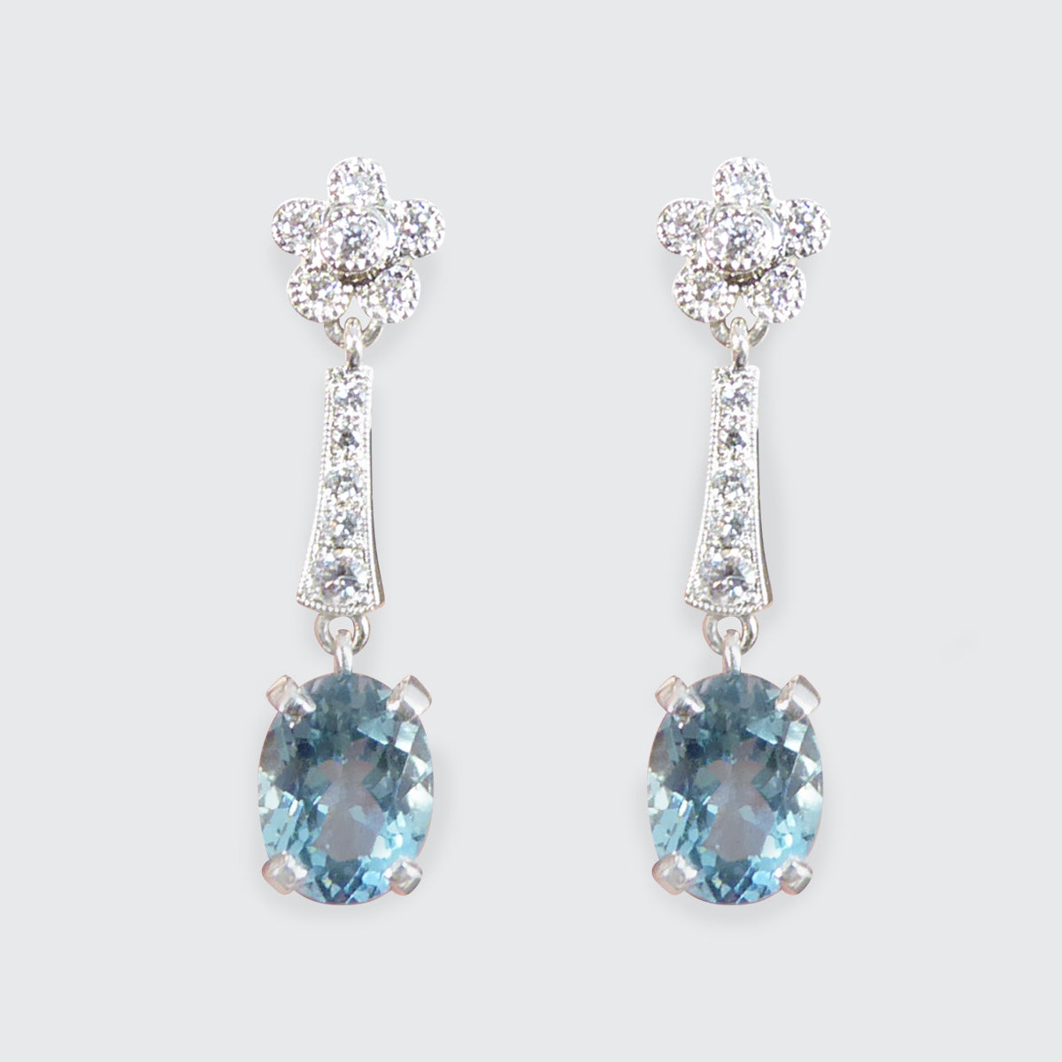 Aquamarine and Diamond Belle Epoque Inspired Drop Earrings in 18ct White Gold - Wharfedale Antiques