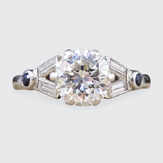Art Deco 1.10ct Diamond Solitaire Engagement Ring with Diamond and Sapphire Shoulders in Platinum