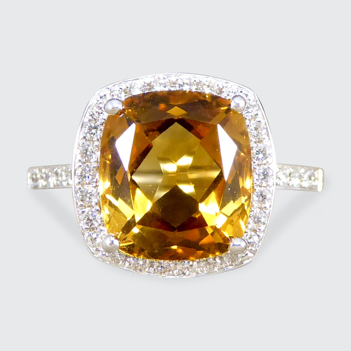 Firey 3.80ct Cushioned Citrene and Diamond Cluster Ring with Diamond Shoulders in 18ct White Gold - Wharfedale Antiques