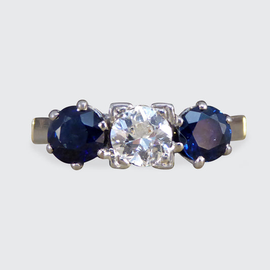 Vintage Sapphire and Diamond Three Stone Ring in 18ct Yellow Gold - Wharfedale Antiques